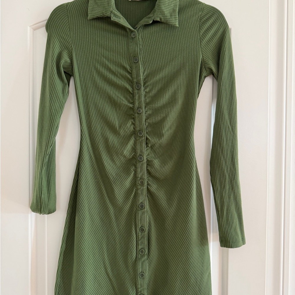 Reformation Olive Green Ribbed Button-Front Long Sleeve Dress